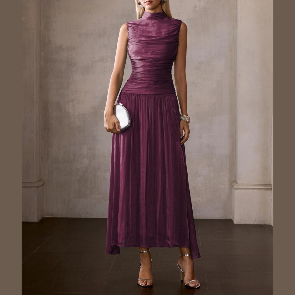 Plum Ruched Sheen Sheer Crepe Stand Collar Sleeveless A-Line Maxi Dress